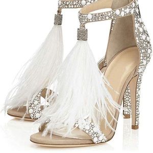 Women's Tassels Rhinestone Heeled Sandals Wedding Dress White Sandals Heel Pearl